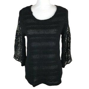 Anthropologie Sparrow Open Knit Crochet Black Top
